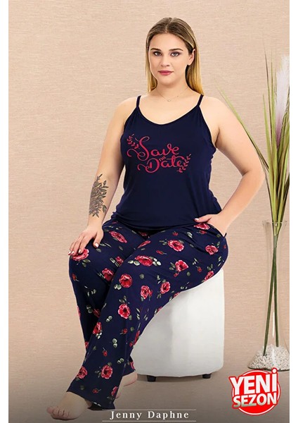 Lady Büyük Beden Lacivert Çiçek Desenli Pijama Ince Askılı Üst Pijama Takımı