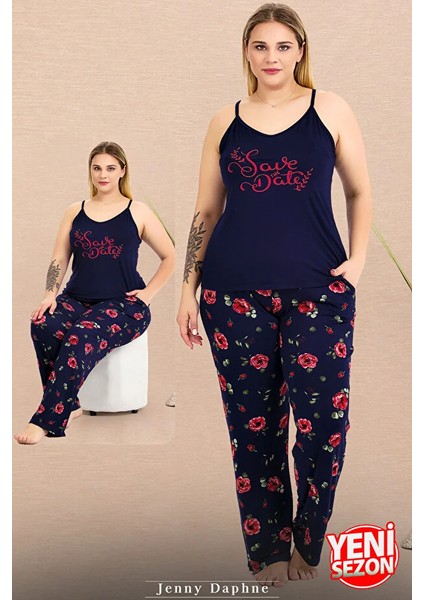 Lady Büyük Beden Lacivert Çiçek Desenli Pijama Ince Askılı Üst Pijama Takımı fiyatları
