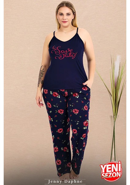 Lady Büyük Beden Lacivert Çiçek Desenli Pijama Ince Askılı Üst Pijama Takımı modelleri