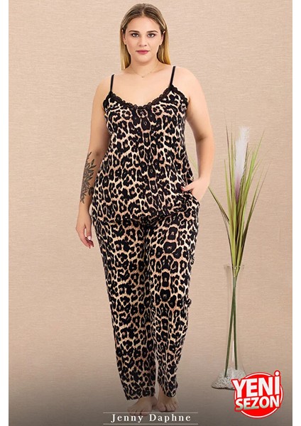 Lady Büyük Beden Leopar Desenli Askılı Üst Cepli Alt Pijama Takımı