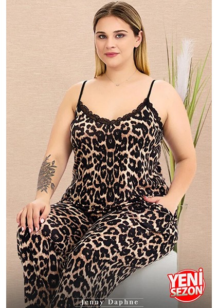 Lady Büyük Beden Leopar Desenli Askılı Üst Cepli Alt Pijama Takımı fiyatları