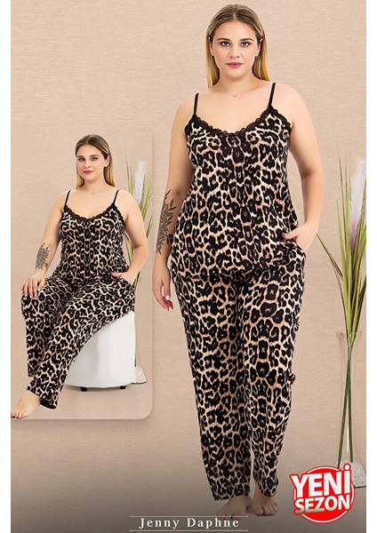 Lady Büyük Beden Leopar Desenli Askılı Üst Cepli Alt Pijama Takımı modelleri