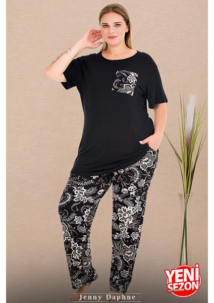 Lady Büyük Beden Çiçek Desenli Cepli Pijama Bisiklet Yaka Kısa Kollu Pijama Takımı