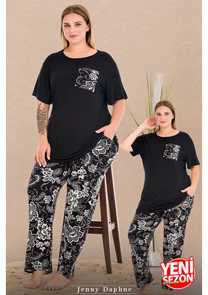 Lady Büyük Beden Çiçek Desenli Cepli Pijama Bisiklet Yaka Kısa Kollu Pijama Takımı modelleri