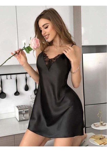 Siyah Dantel Işlemeli Ince Askılı Saten Mini Gecelik - Siyah - M
