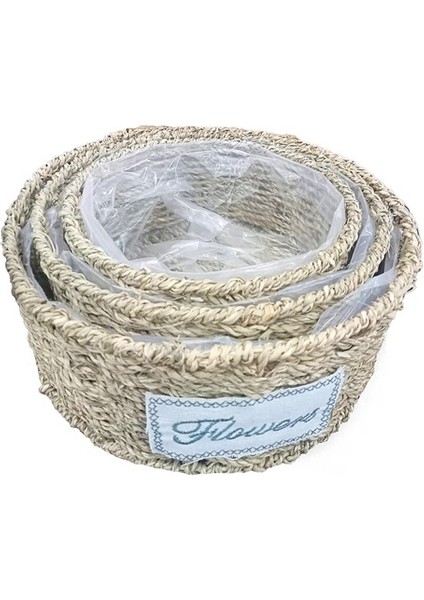 Yuvarlak Doğal Hasır Saksı Seti - 3'lü