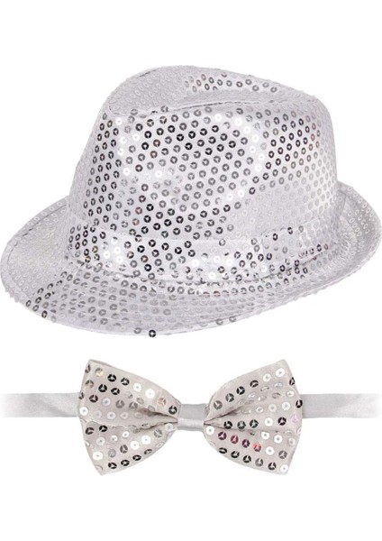 Gümüş Payetli Şapka ve Papyon Seti – Parıltılı Yetişkin Kostüm Seti fiyatları