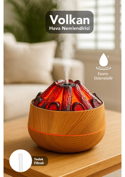 Volkan Hava Nemlendirici - 300ML Işıklı Buhar Makinesi Humidifier Aroma Difüzörü Açık Kahve