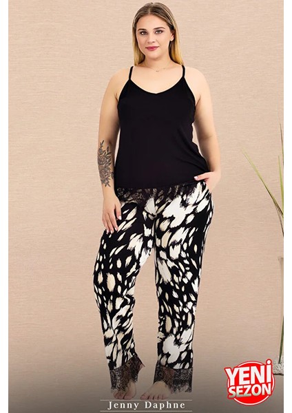 Lady Büyük Beden Desenli Bacaklar Dantelli Pijama Askılı Dantelli Üst Pijama Takımı