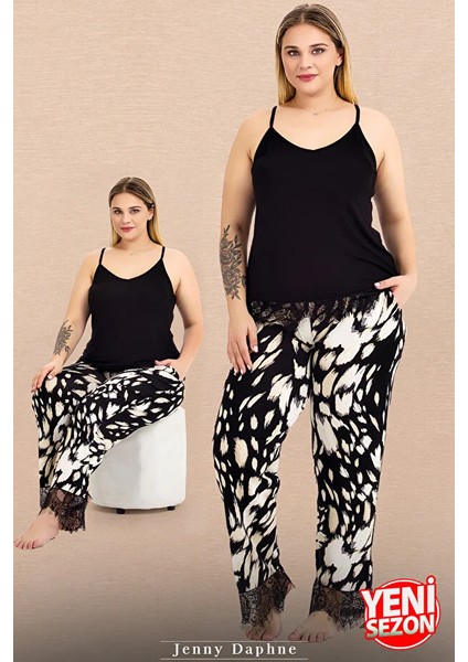 Lady Büyük Beden Desenli Bacaklar Dantelli Pijama Askılı Dantelli Üst Pijama Takımı fiyatları