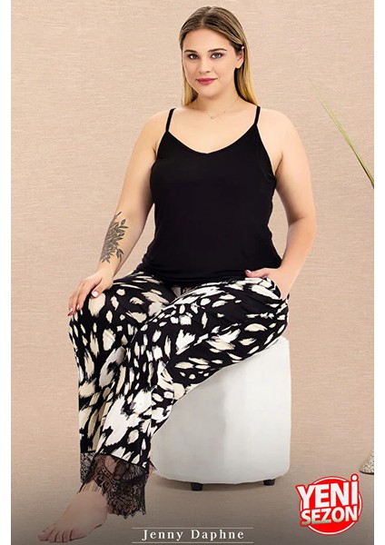 Lady Büyük Beden Desenli Bacaklar Dantelli Pijama Askılı Dantelli Üst Pijama Takımı modelleri