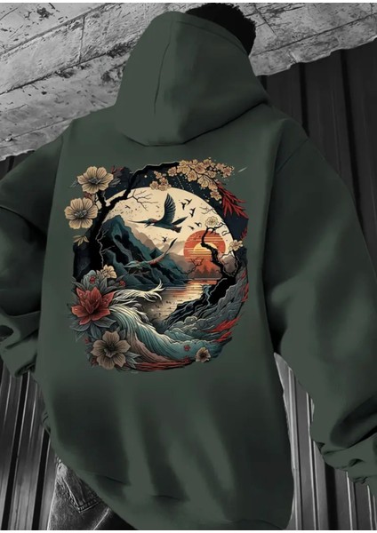 Büyük Beden Özel Tasarım Kapüşonlu Japonya Da Gün Batımı Sırt Baskılı %100 Pamuk Erkek Sweatshırt