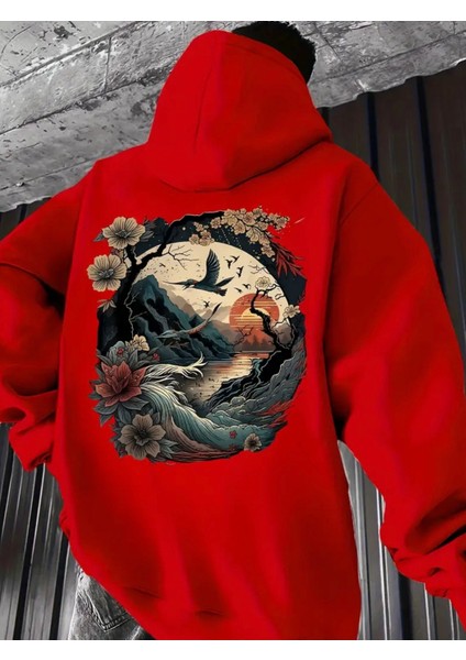 Büyük Beden Özel Tasarım Kapüşonlu Japonya Da Gün Batımı Sırt Baskılı %100 Pamuk Erkek Sweatshırt