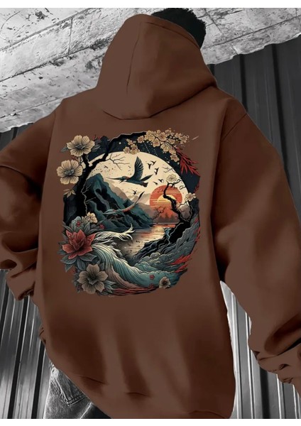 Büyük Beden Özel Tasarım Kapüşonlu Japonya Da Gün Batımı Sırt Baskılı %100 Pamuk Erkek Sweatshırt