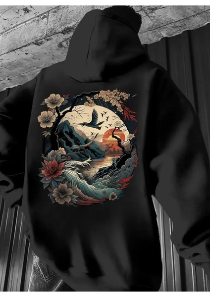 Büyük Beden Özel Tasarım Kapüşonlu Japonya Da Gün Batımı Sırt Baskılı %100 Pamuk Erkek Sweatshırt