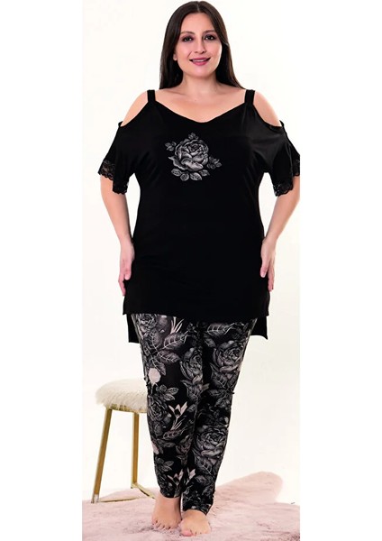 Lady Viskon Kumaş Büyük Beden Çiçek Desenli Omuz Detaylı Kısa Kollu Uzun Pijama Takımı