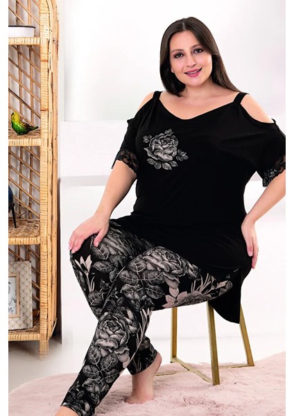 Lady Viskon Kumaş Büyük Beden Çiçek Desenli Omuz Detaylı Kısa Kollu Uzun Pijama Takımı fiyatları