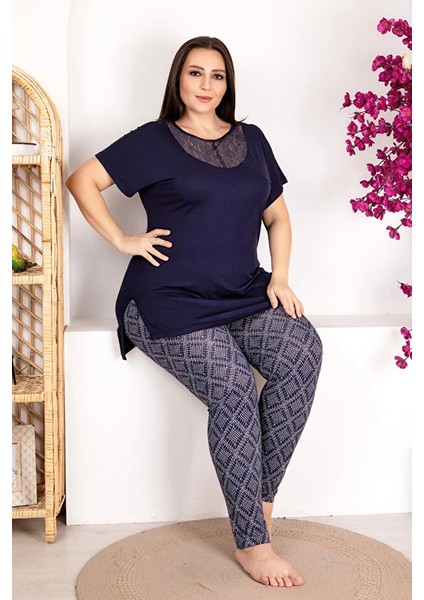 Lady Viskon Kumaş Büyük Beden Dantel Detaylı Yaka Kısa Kollu Uzun Pijama Takımı