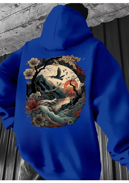 Büyük Beden Özel Tasarım Kapüşonlu Japonya Da Gün Batımı Sırt Baskılı %100 Pamuk Erkek Sweatshırt