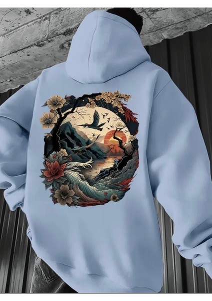 Büyük Beden Özel Tasarım Kapüşonlu Japonya Da Gün Batımı Sırt Baskılı %100 Pamuk Erkek Sweatshırt