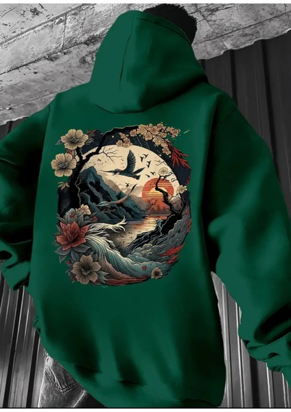 Büyük Beden Özel Tasarım Kapüşonlu Japonya Da Gün Batımı Sırt Baskılı %100 Pamuk Erkek Sweatshırt