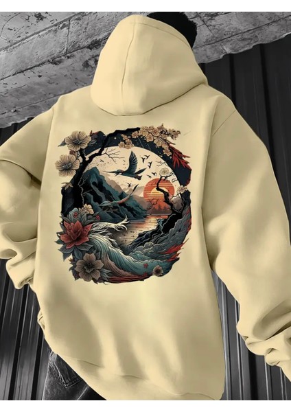 Büyük Beden Özel Tasarım Kapüşonlu Japonya Da Gün Batımı Sırt Baskılı %100 Pamuk Erkek Sweatshırt