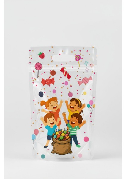 10 Adet Dik Duran El Geçmeli Kilitli Şeker Poşeti Parti Doğum Günü Doypack Hediye Poşeti