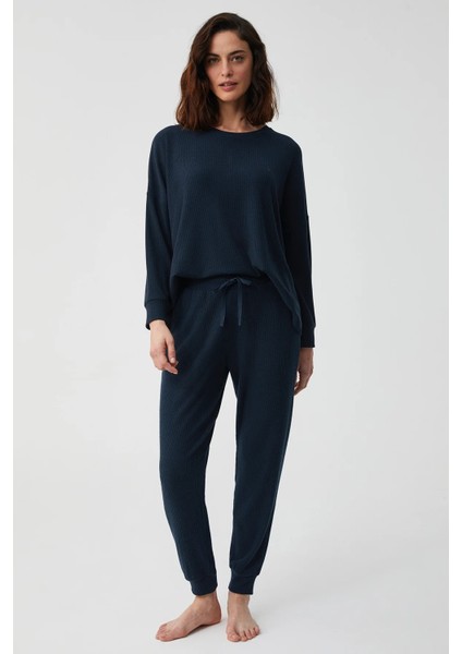 Yumuşak Dokulu Termal Fitilli Kumaş Uzun Kol Kadın Pijama Takım 9934