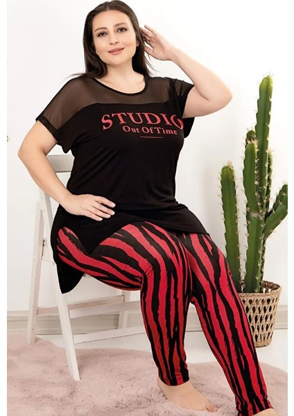 Viskon Kumaş Büyük Beden Dantel Detaylı Yaka Desenli Kısa Kollu Uzun Pijama Takımı