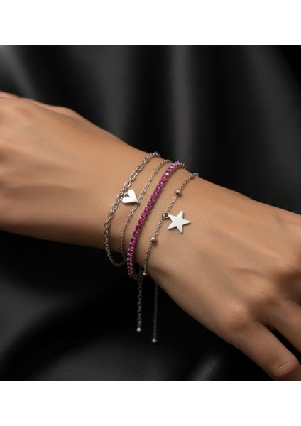​💖 3'lü Fuşya Taşlı, Kalp ve Yıldız Detaylı Silver Bileklik Seti