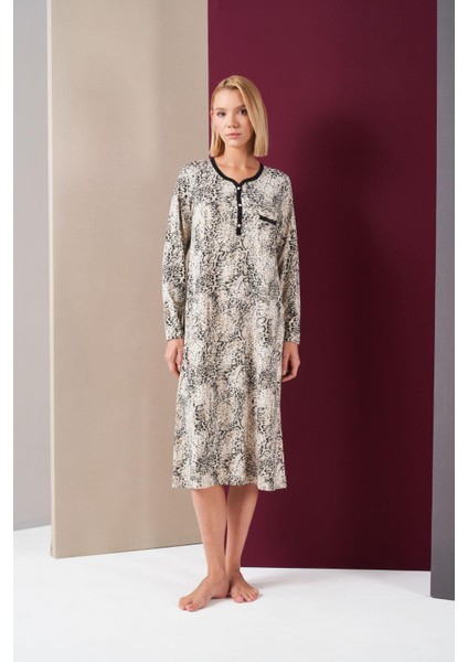 26024 Kadın Patlı Dantel Detaylı Desenli Uzun Kol Gecelik