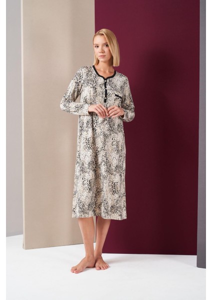 26024 Kadın Patlı Dantel Detaylı Desenli Uzun Kol Gecelik fiyatları