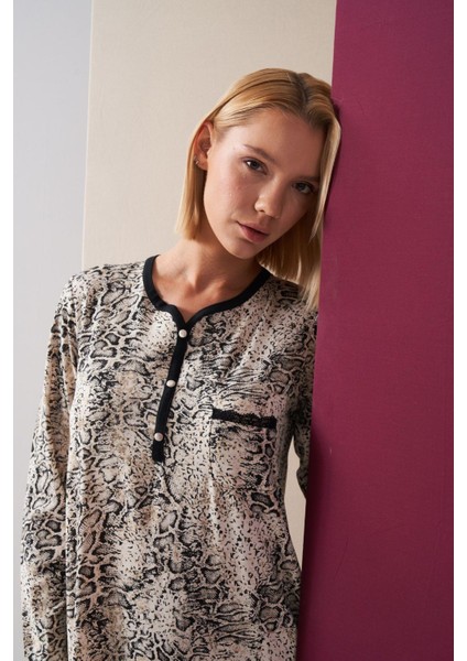 26024 Kadın Patlı Dantel Detaylı Desenli Uzun Kol Gecelik modelleri