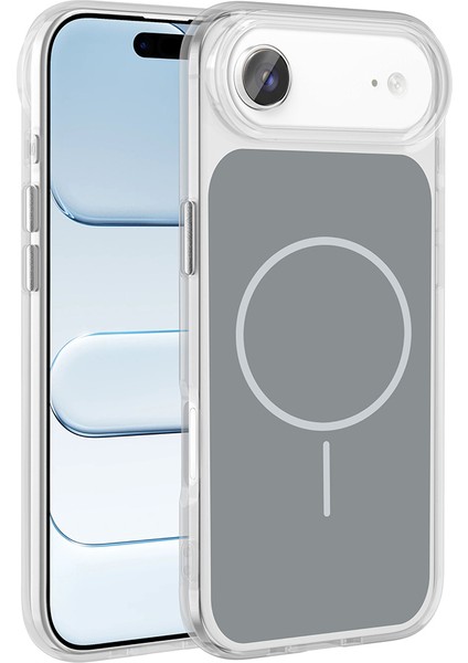 iPhone 17 Air Kılıf M-Safe Şarj Özellikli Metal Buton Tasarımlı Mkst Ikonik Sert Silikon Kapak - Gri