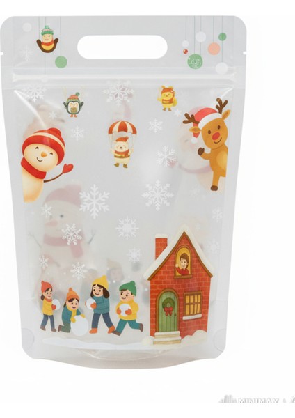 10 Adet Dik Duran El Geçmeli Kilitli Kurabiye Poşeti Yılbaşı Temalı Doypack Hediye Poşeti