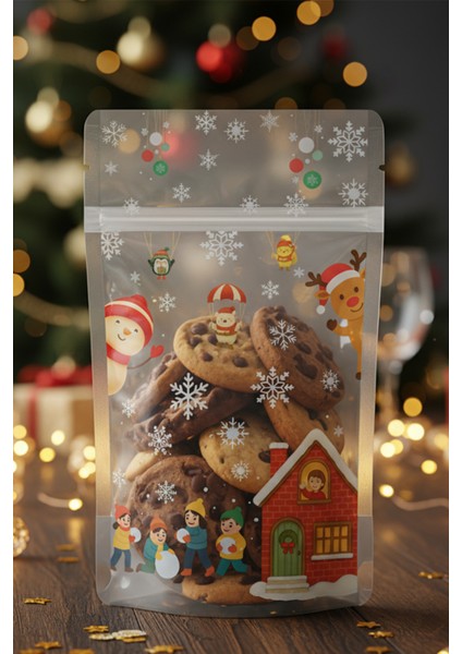 10 Adet Dik Duran El Geçmeli Kilitli Kurabiye Poşeti Yılbaşı Temalı Doypack Hediye Poşeti fiyatları