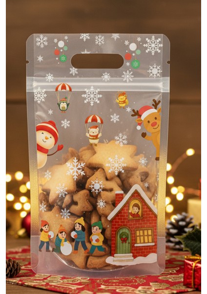 10 Adet Dik Duran El Geçmeli Kilitli Kurabiye Poşeti Yılbaşı Temalı Doypack Hediye Poşeti modelleri