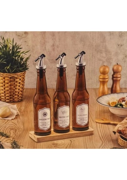 Yağlık Sirkelik 3'lü Kahverengi Cam Şişe Stantlı 354 cc