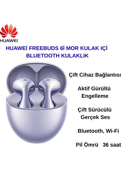 Huaweı Freebuds 6 ,bluetooth ,aktif Gürültü Engelleme, 36 Saat Batarya Ömrü, IP54 Suya Dayanıklılık, Mor