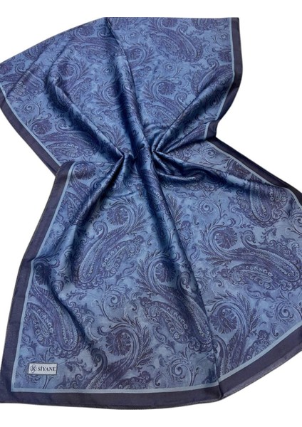 Lacivert Siyane Scarf Etnik Tablo Desen Pamuklu Şal