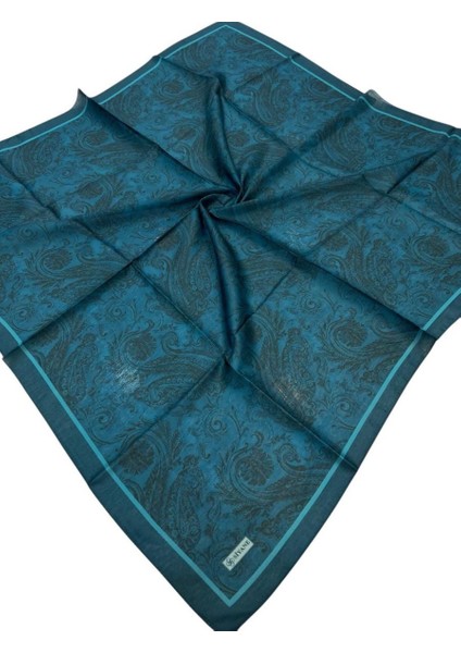 Koyu Turkuaz Siyane Scarf Etnik Tablo Desen Soft Eşarp
