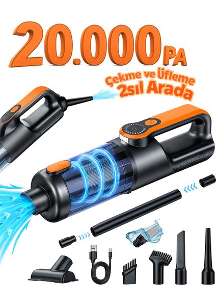 Süper Güçlü 20.000 Pa Çekim – 2’si 1 Arada Çekme & Üfleme – Kablosuz Şarjlı Portatif Vakum Makinesi (Araç + Ev + Ofis)
