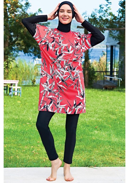 2411-2 Oversize Desenli Likralı Su Itici ve Çabuk Kuruyan Kumaş Tesettür Mayo