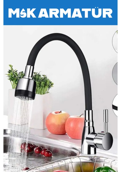 Krom Armut Siyah Oynar Borulu Eviye Batarya Çeşmesi