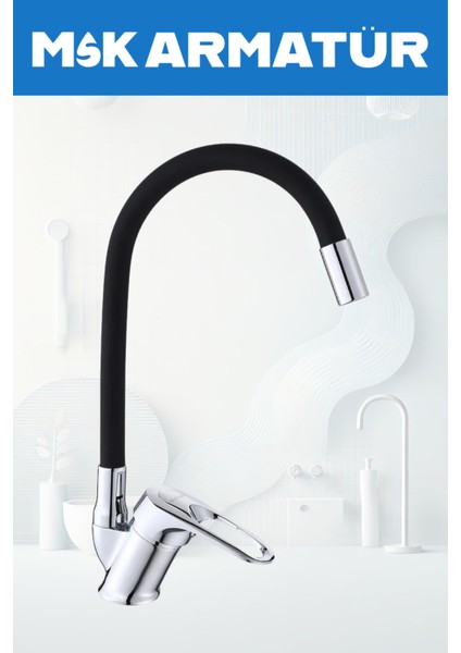 Krom Siyah Oynar Borulu Eviye Lavabo Bataryası Çeşmesi