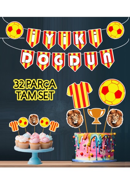 Taraftar Futbol Set 32 Parça Futbol Sarı Kırmızı Doğum Günü Seti Banner Pasta Kürdanı Cupcake Süsü Seti
