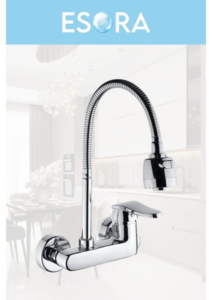 Krom 2 Fonksiyonlu Oynar Borulu Duvardan Mutfak Bataryası Çeşmesi Musluğu