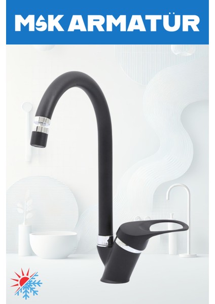 Siyah Krom Baston Oynar Başlıklı Eviye Bataryası Çeşmesi