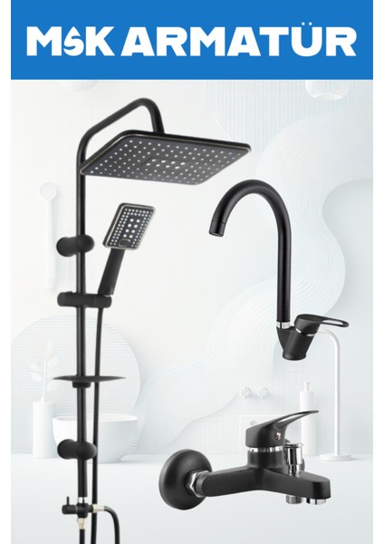 Siyah Krom Baston Eviye Lavabo Banyo Bataryası Lüx 3 Lü Set