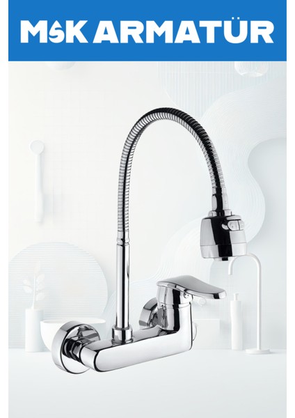 Krom Duvardan Krom Oynar Borulu Eviye ve Lavabo Bataryası